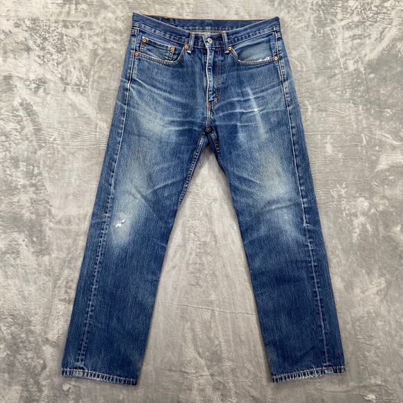 Levi's 501 Straight Leg Jeans Men 34x32 Blue Medium Wash 100% Cotton Distressed - Picture 1 of 9